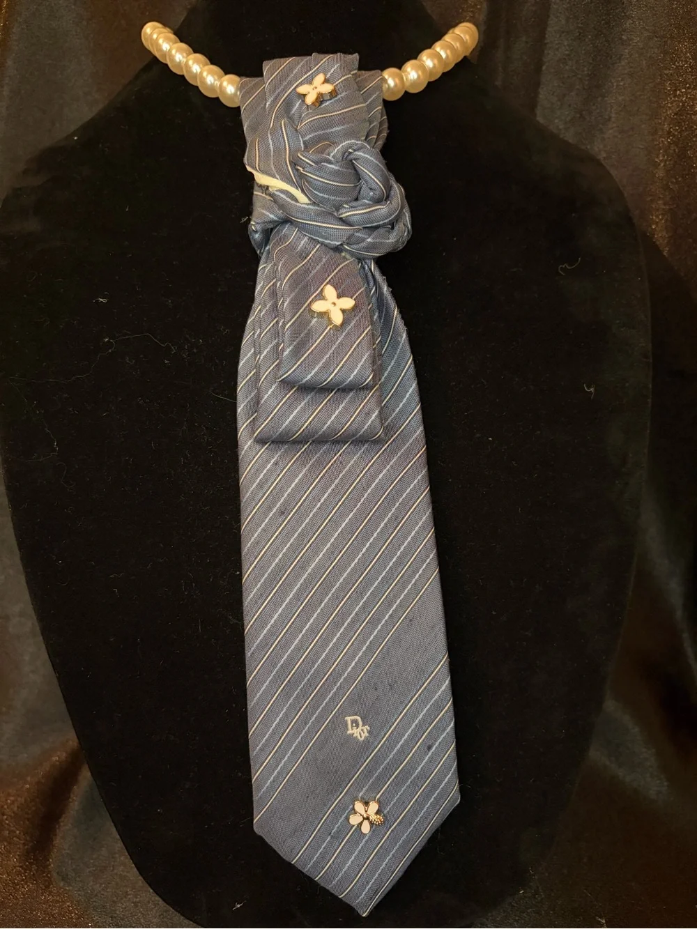 Dior Navy Blue Striped Silk Scarf with Pearl Accent